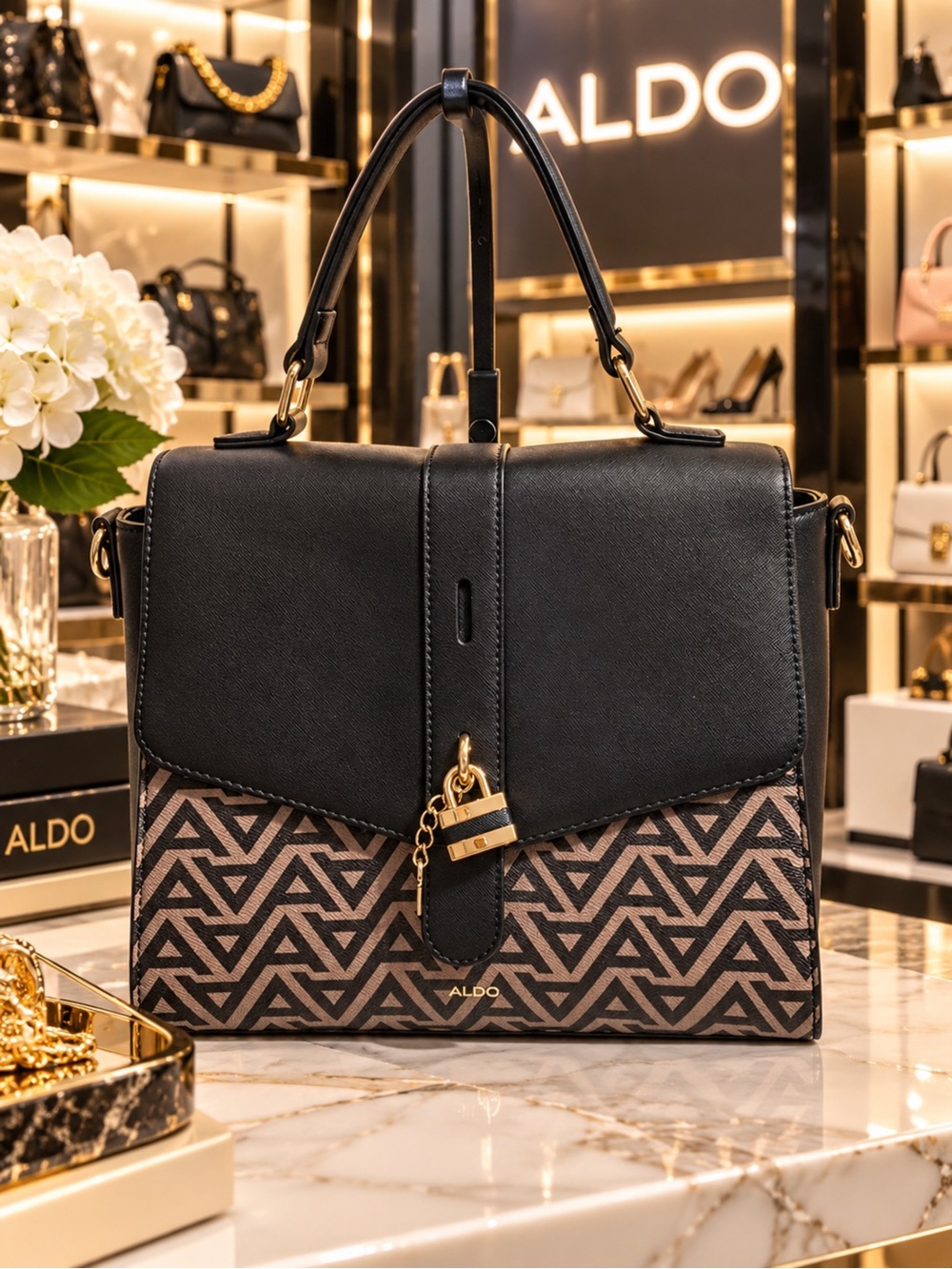 ALDO Black and Brown Geometric Top-Handle Satchel